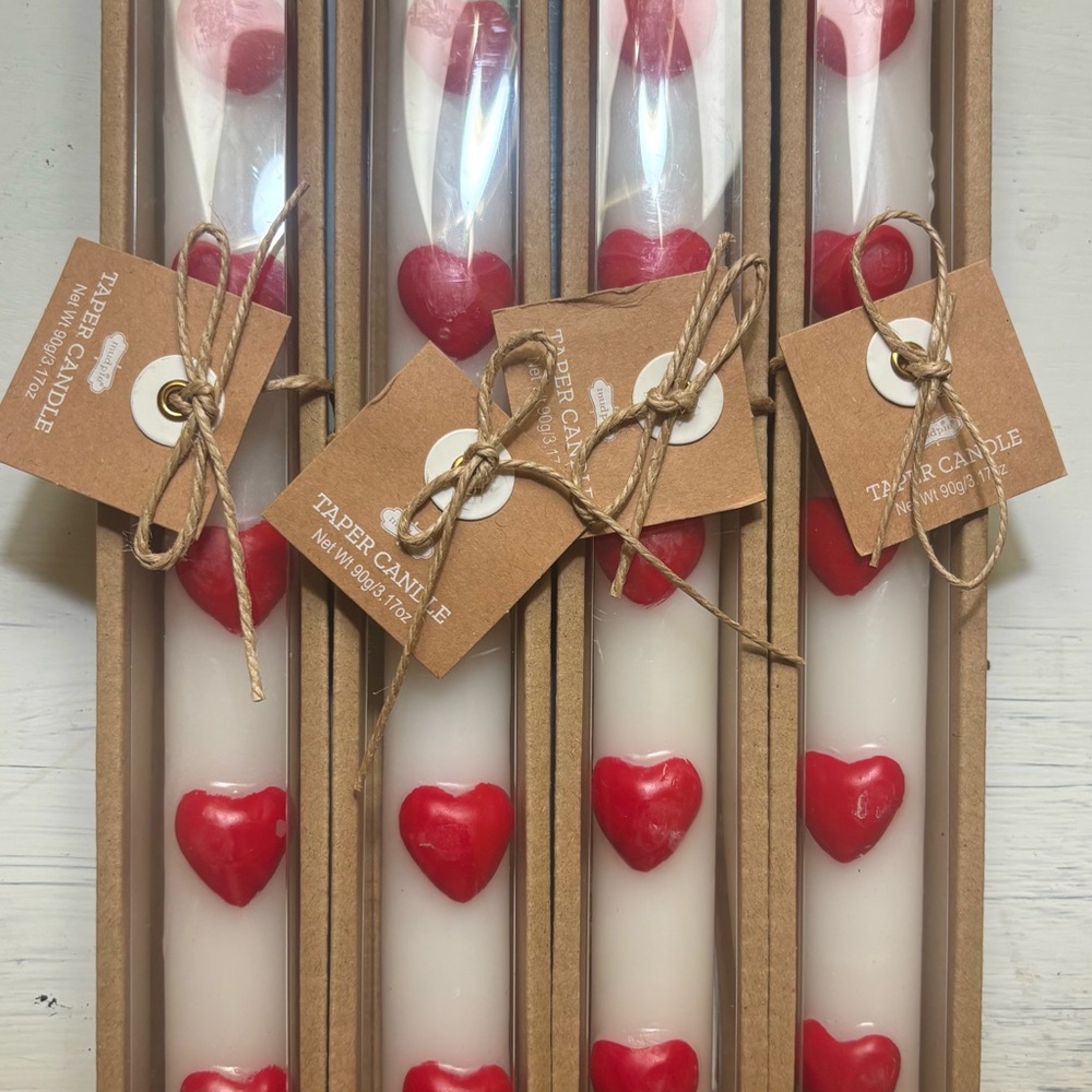 Mud Pie White Taper Candles with Red Heart Accents